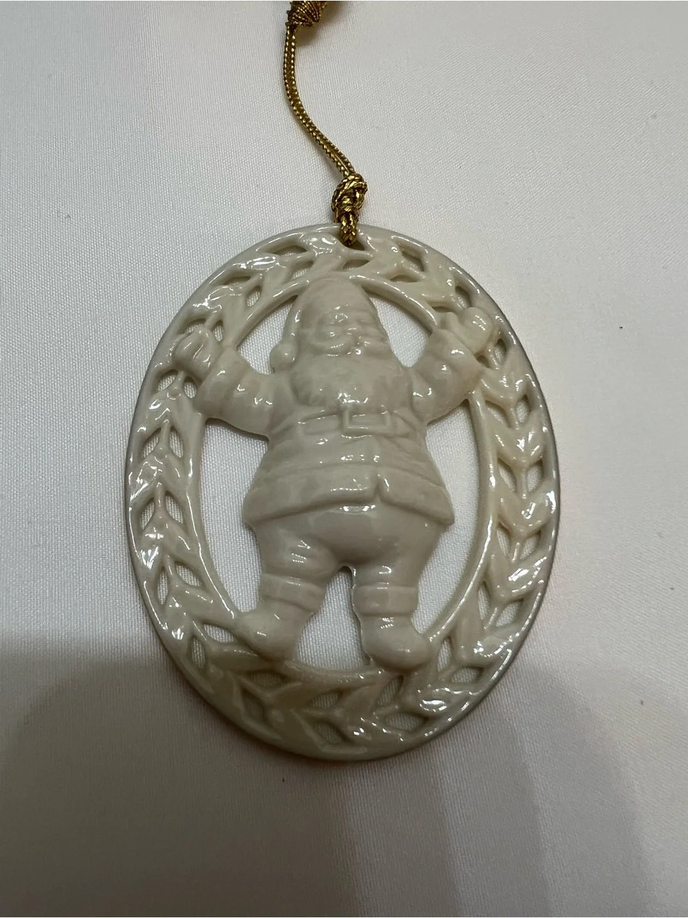 Lenox 1986 Yueltide White Ceramic Santa Hanging Ornament with Gold Cord
